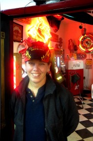 Kilroys "House of Ill Repute" Hat...the Flames are Actually a Neon Sign in Back
